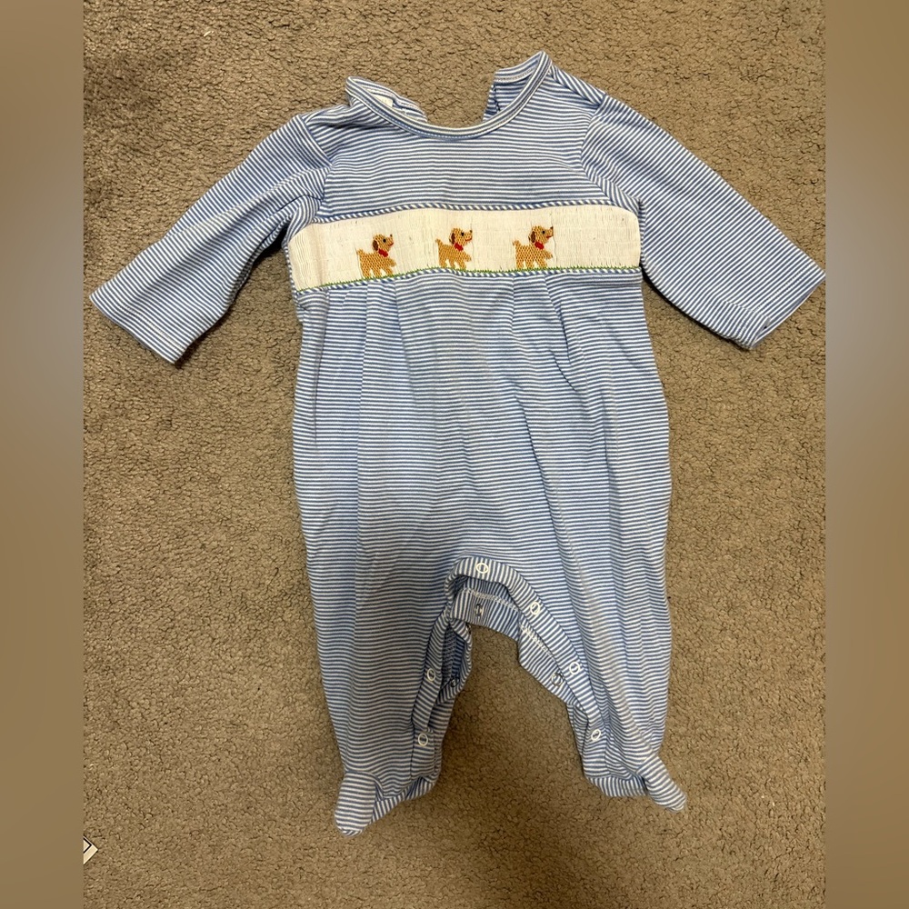 Edgehill Collection Blue & White Striped Smocked Puppy Footie
